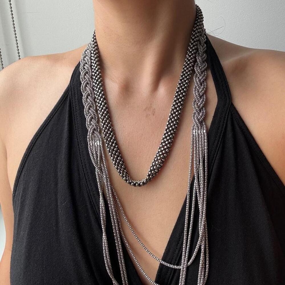 Silver beaded necklaces with braided and beaded strands